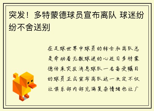 突发！多特蒙德球员宣布离队 球迷纷纷不舍送别